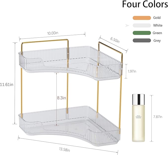 YCIA&DONE Corner Bathroom Counter Organizer, Makeup Organizer for Vanity, Skincare Cosmetic Perfume Tray, Corner Countertop Shelf Rack Storage for Bathroom Kitchen 2 Tiers (Clear White)