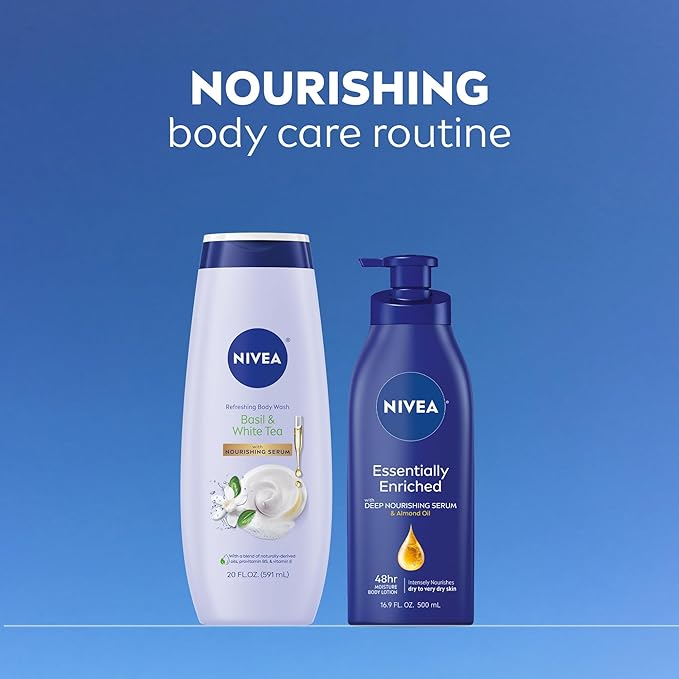 NIVEA Refreshing Basil and White Tea Body Wash with Nourishing Serum, Scented Body Wash for Women, Enriched with Provitamin B5 and Vitamin E, 20 Fl Oz Bottle