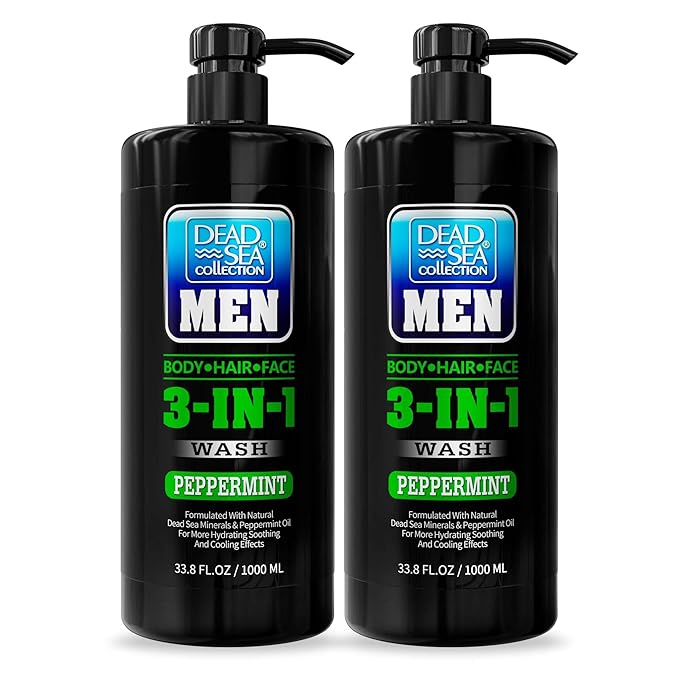 Dead Sea Collection Mens Body Wash 3 in 1 – Peppermint Body Wash for Men – Shower Gel – Shampoo – Shower Soap for Face and Hair – Pack of 2 Bottles (33.8 Fl. Oz. Each)