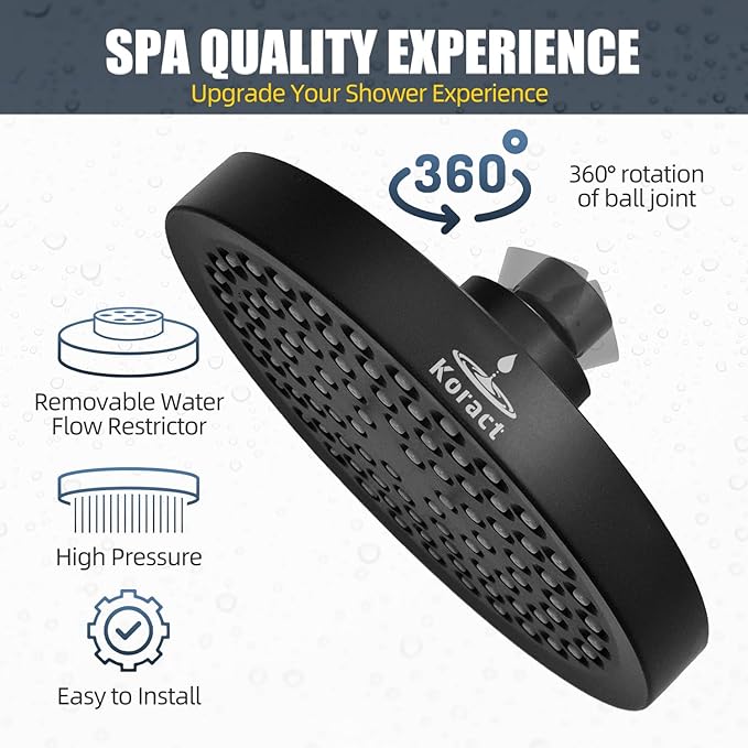 Shower Head High Pressure Rain Premium Quality Luxury Design Anti-Clogging Silicone Nozzles Adjustable Replacement for Bathroom Shower Heads (6 inch Round) (Matte Black)