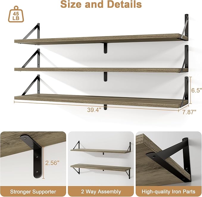 Fun Memories Long Wall Shelves for Bedroom, Set of 3 Large 40-Inch Floating Bookshelves, Rustic Wood Display Shelf for Home and Office (Grey)