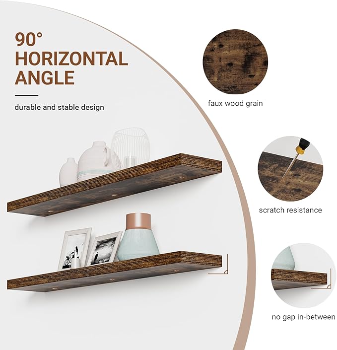 Floating Shelves for Wall 48 Inches Long,9.3" Deep Rustic Brown Floating Shelf Set of 2,Wall Mounted Wood Shelves for Bathroom Bedroom Living Room Kitchen Office,Shelf for Books Storage Room Decor