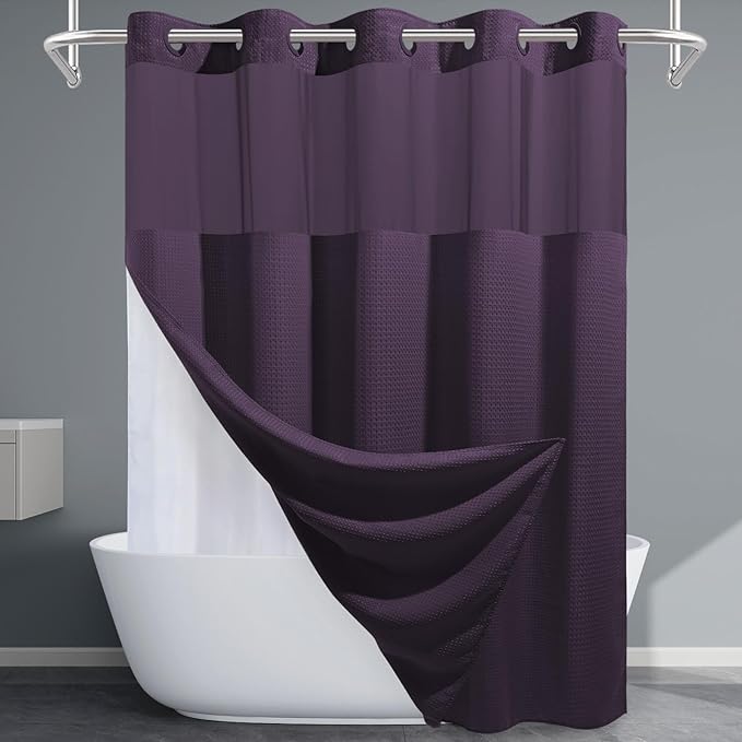 Purple Hotel Style Shower Curtain with Snap in Liner - 230GSM Waffle Textured,Hotel Grade,Spa Like Bath Curtain,71W x 74H