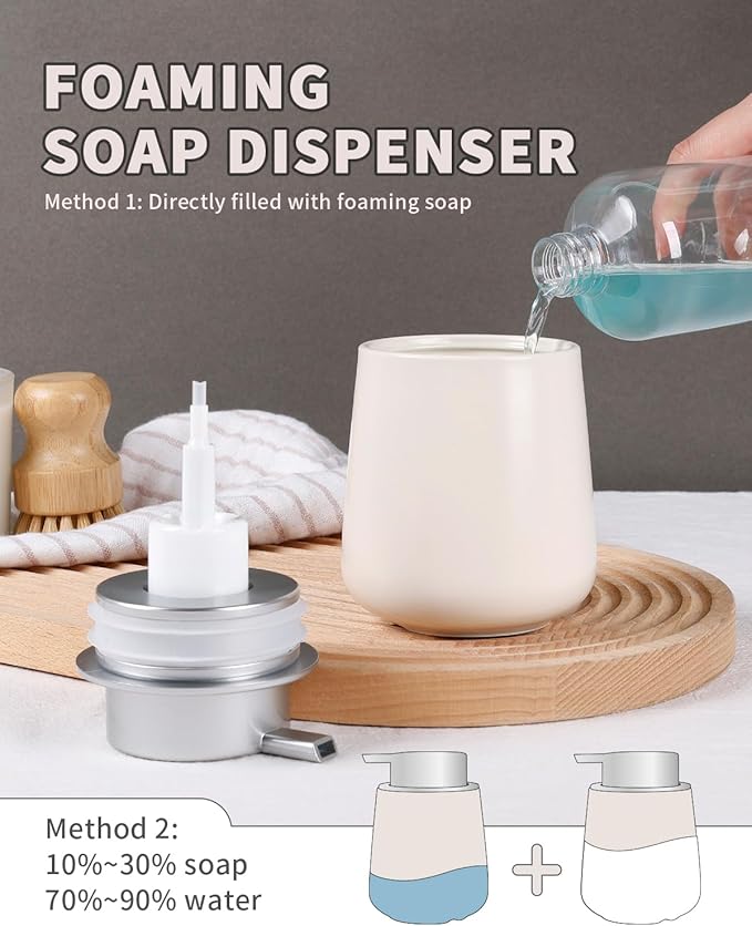 Bosilunlife Ceramic Foaming Soap Dispenser - Beige & Grey 12 oz Foam Hand Wash Dispenser Bathroom Countertop Kitchen Dish Soap Pump Dispenser Foam Soap Dispenser for Bathroom