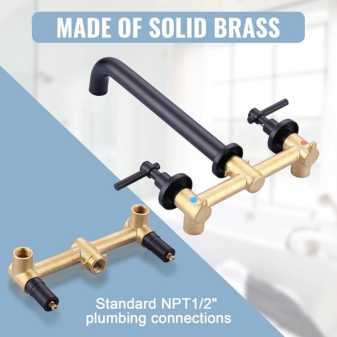 Wall Mount Tub Filler Tub Faucet High Flow Bathtub Faucets Two Handles Solid Brass, 12" Long Spout Reach, Matte Black