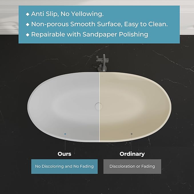 Upgraded 61" Solid Surface Freestanding Bathtub, Oval Stone Resin Tub with Overflow and Pop-up Drain, Matte White