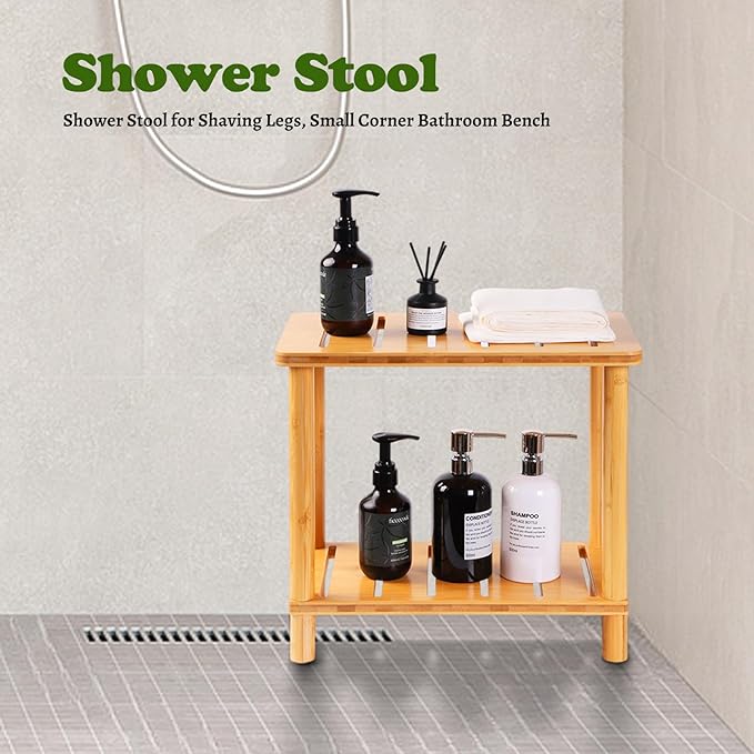 Bamboo Shower Bench Stool, Shower Stool for Inside Shower with Storage Shelf, Waterproof Shower Chair Spa Bath Seat, Bathroom Bench Seat for Adults for Indoor or Outdoor Use.