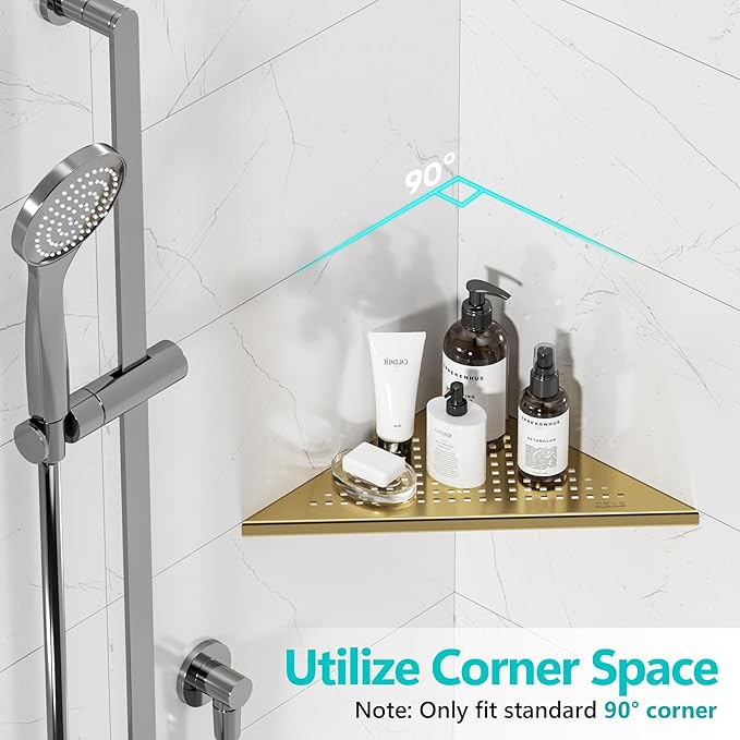 Bathroom Corner Shelf, Recessed 10" Shower Shelf Caddy, SUS304 Stainless Steel Shelf Wall Mount Triangular, No Drilling, Brushed Golden