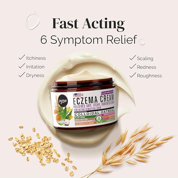 Puriya 5-in-1 Eczema Cream for Kids, Baby, Toddler, Adults, Advanced Colloidal Oatmeal Lotion for Dry, Itchy Skin Relief on Face and Body, Clinically Tested, Intensive Moisturizing Eczema Treatment