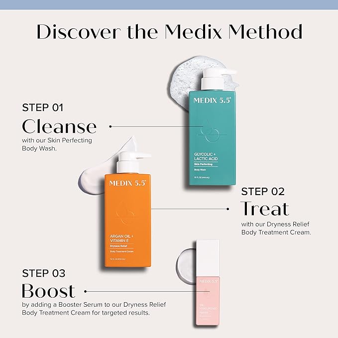 Medix 5.5 Glycolic Acid Exfoliating Face & Body Wash Cleanser + Argan Oil Moisturizing Body Cream Lotion 2PC Skin Care Set | Alpha Hydroxy Acid & Lactic Acid Foaming Face Wash, 2PC Set