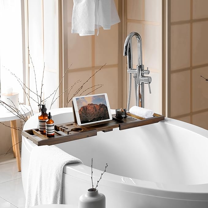 Teak Bathtub Tray | Adjustable Width Tray with Wine Holder, Tablet/Phone & Book Stand, Splash-Proof for Bath Time- Walnut