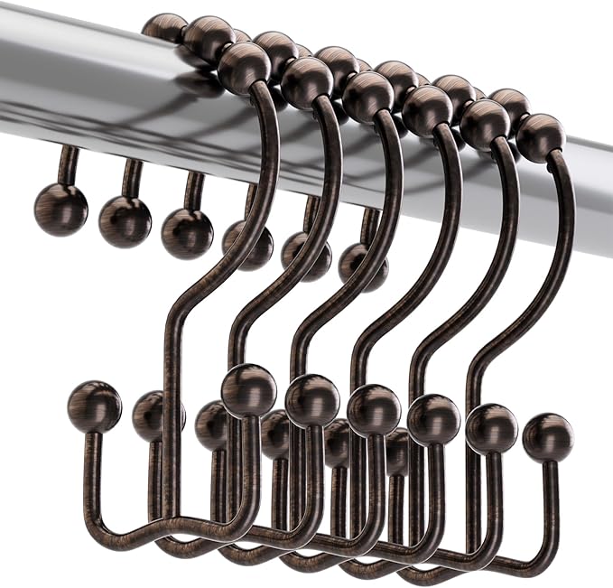 Titanker Shower Curtain Hooks Rings, Rust-Resistant Metal Double Glide Shower Hooks for Bathroom Shower Rods Curtains, Set of 12 Hooks - Bronze