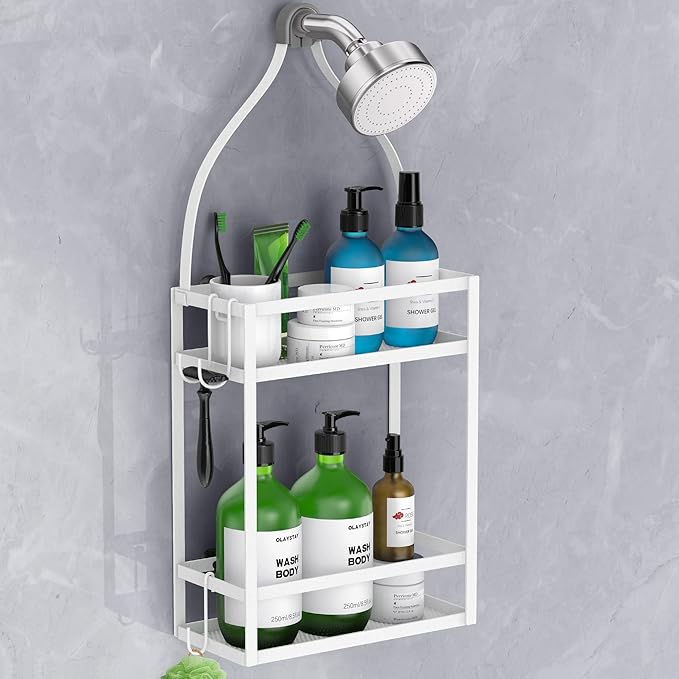 Meangood Shower Caddy 10.4" x 4.5" x 22.04" Hanging Shower Caddy Organizer Over Shower Head Big Capacity for Shampoo, Conditioner with Hooks for Razor/Sponge, White