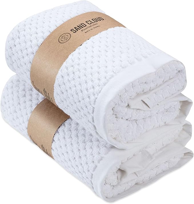 Sand Cloud Turkish Bath Towels for Bathroom, Set of 2 (Atom White, Extra Large) - Soft Linen Turkish Organic Cotton Yarn is Luxurious & Absorbent - Premium Shower & Bathroom Towels Dry Faster