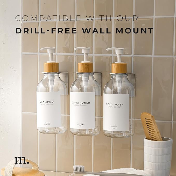 MaisoNovo Refillable Shampoo and Conditioner Bottles | 16.9 fl oz Set of 3 Clear Plastic Bottles White Bamboo Pumps