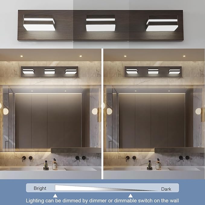 SineRise LED Modern Bathroom Vanity Light Fixtures (3-Light, 24-Inch, Dimmable), Brown Wood Painted Modern Acrylic Bathroom Wall Lighting Fixtures Over Mirror (Cool White 6000K)