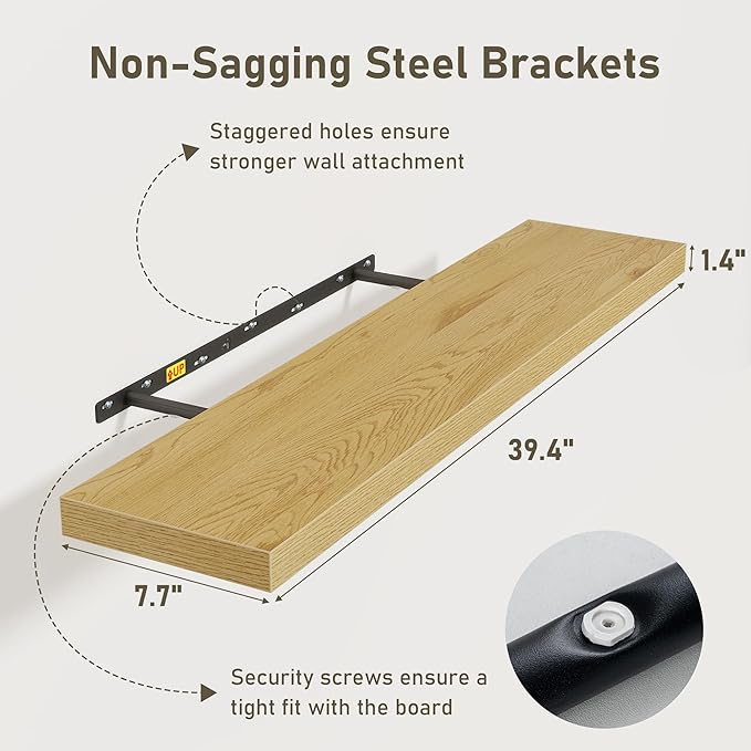 Floating Shelves Wall Shelf 40 Inch, 8 Inch Deep Floating Shelf for Wall, Farmhouse Black Wood Shelves Invisible Bracket for Living Room, Bedroom, Kitchen, 40 x 8 x 1.4 Inch, Set of 2, Oak Color