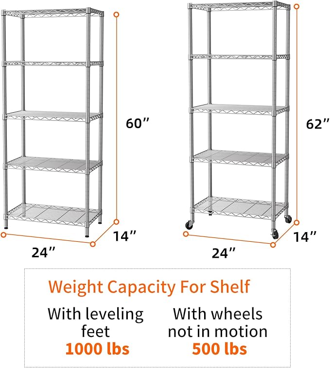 SINGAYE 5 Shelves Storage Shelf Wire Closet Bathroom Organizers Metal Pantry Kitchen Garage Shelving Unit Laundry Room Organization Home Rack Net Basket White with Wheels