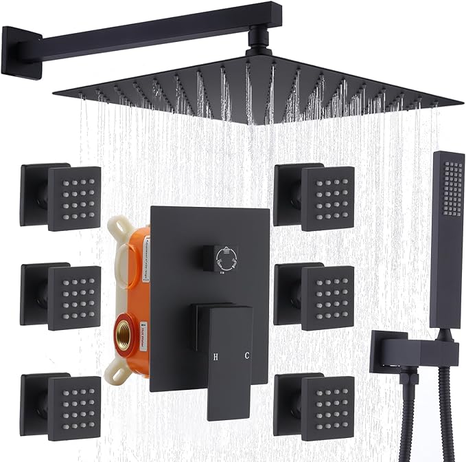 Enga Shower System with Body Jets, 12 Inch Wall Mount Rainfall Shower System and Handheld Body Spray Shower Faucets sets Combo with Rough-in Valve, Matte Black