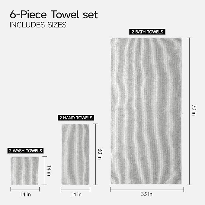 REDKISS Ultra Soft Bath Towels Set of 6 Large 35"x70" | 100% Microfiber, Highly Absorbent & Quick Dry | Grey Towels for Bathroom, Spa, Gym | 2 Bath, 2 Hand, 2 Washcloths