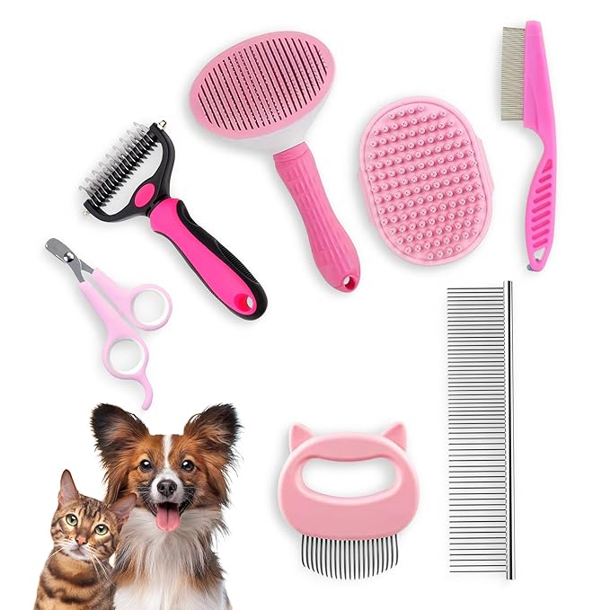 7-in-1 Pet Grooming Kit for Dogs & Cats Deshedding Brush, Bath Brush, Flea Comb, Nail Clipper & Massage Glove Complete Grooming Set for Small & Large Pets