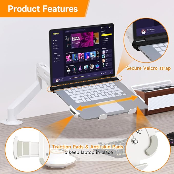 suptek Adjustable 13 to 18 inch Laptop VESA Arm Mount Tray for Monitor Arms and Stands (Tray Only),Fits 75x75/ 100x100 mm VESA Mount Holes,and Supports Weight up to 10lbs,White(TP007W)
