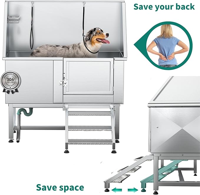 YITAHOME Professional Dog Bathtub 50in, Stainless Steel 304 Dog Bathing Station for Home, Pet Grooming Tub w/Right Stairs, Faucet, Floor Grate, Pet Washing Station for Large, Medium, Small Pets