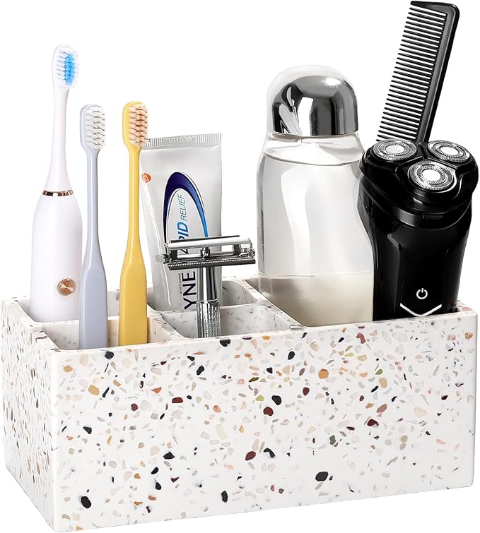 Luxspire Toothbrush Holder for Bathroom, 5 Slots Bathroom Counter Organizer Toothbrush and Toothpaste Holder, Bathroom Accessories for Restroom Bathroom, Terrazzo