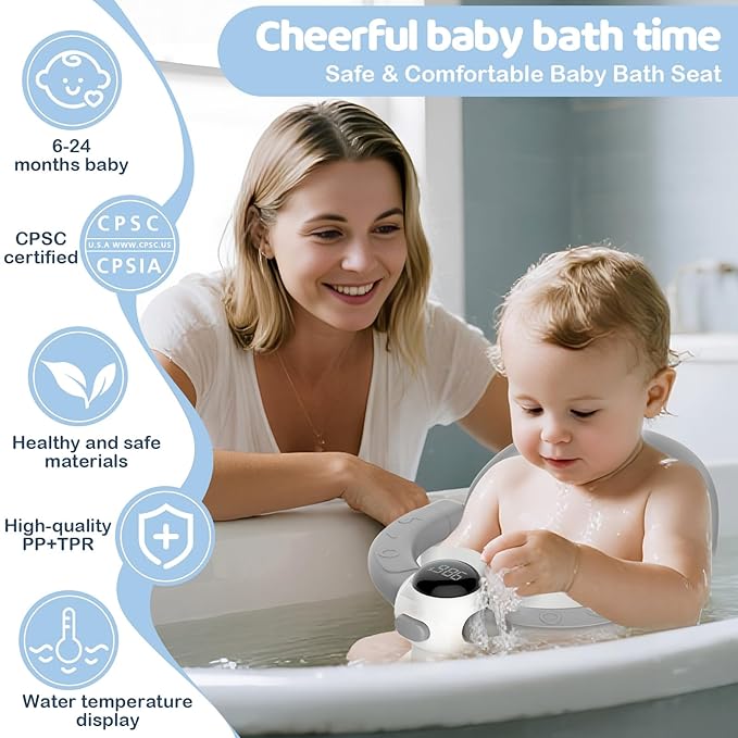 Baby Bath Seat-for Babies 6 Months & up, Water Temperature Display+Soft Cushion, Non-Slip Toddler Bath Seat for Baby, Sit Up Bath Seat for Baby, Grey