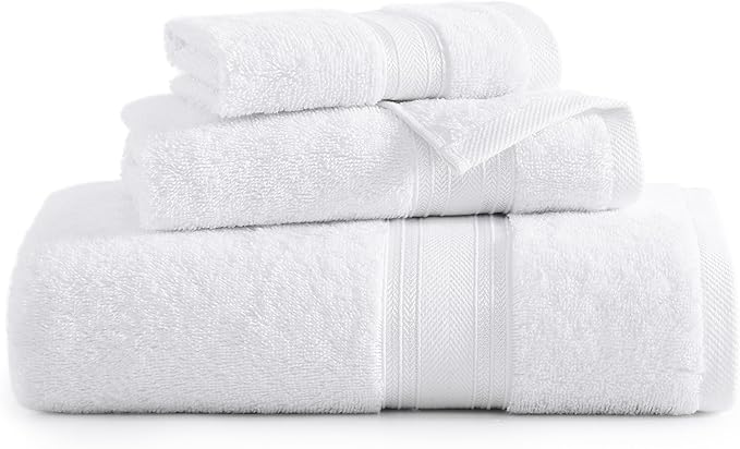LANE LINEN Luxury Bath Towels Set - 3 Piece 100% Cotton Bathroom Towels, Quick Dry, Extra Aborbent, Super Soft Towels Set 1 Hand Towel, 1 Wash Cloths, 1 Bath Towel, White