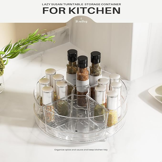 2 Pack Lazy Susan Organizer, 9 inch Rotating Storage Organizer with 4 Removable Bins, Lazy Susan Turntable Organizer for Fridge, Kitchen, Vanity, Cabinet