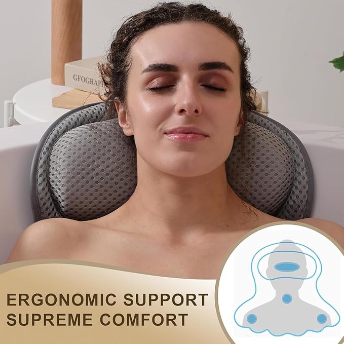 Bath Pillow Luxury Bathtub Pillow, Extra Soft & Comfortable Bath Pillow for Tub Head Neck and Back Support, with 4D Air Mesh Cushions & Non-Slip Suction Cups - Great Bath Gifts (Gray)