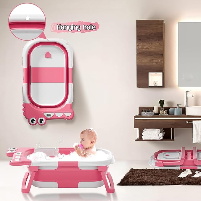 TPN Collapsible Baby Bathtub, Baby Bath Tub with Soft Cushion & Real-Time Thermometer, Baby Bathtub Infant to Toddler Tub (0-36 Months), Portable Travel Baby Tubs for Newborns (Pink)