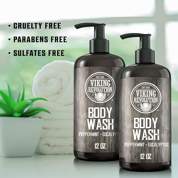 Viking Revolution Men's Body Wash - Eucalyptus Peppermint Body Wash for Men - Mens Natural Body Wash with Vitamin E and Rosemary Oil - Mens Shower Gel Liquid Soap - Peppermint Mens Bodywash (2 Pack)