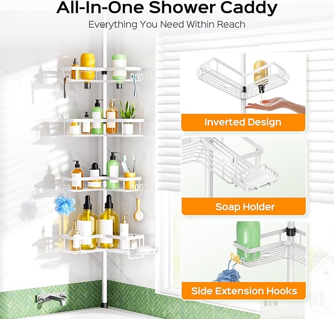 HAMITOR Corner Shower Caddy White: 4-Tier Rustproof Bathroom Bathtub Organizer Shelf with Soap Holder & Hooks - No-Drill Adjustable Standing Tension Pole Rack for Apartment Renters - 47-123 Inch