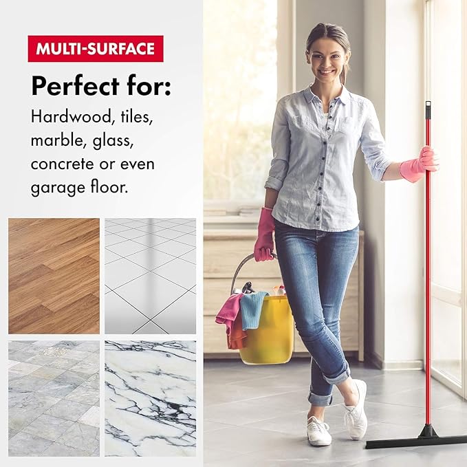 Heavy-Duty Floor Squeegee - Large 24" Wide Blade & 55" 1PC Long Handle Professional Grade Concrete, Garage & Commercial Rubber Squeegee Broom Floor Cleaner - Wood, Tile, Shower, Glass, Deck, Window