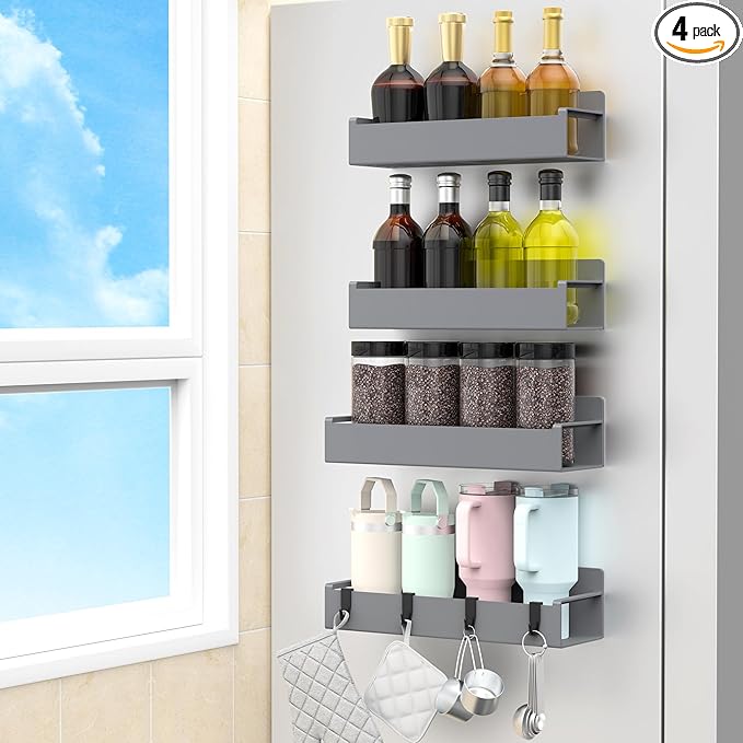 4 Pack Magnetic Spice Rack Organizer for Refrigerator and Oven, Dark Grey Fridge Organizers and Storage for Kitchen