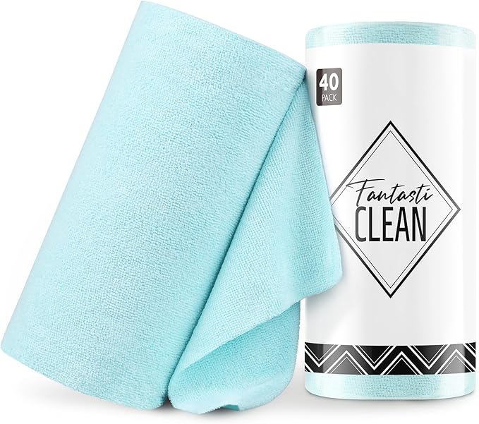 Fantasticlean Microfiber Cleaning Cloth Roll -40 Pack, Tear Away Microfiber Towels, 12" x 12", Reusable, Washable, Scratch Free, Ultra Absorbent Dishcloth for Car, Home Supplies, Pet, Kitchen (Blue)
