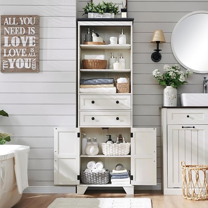 ACCOHOHO Farmhouse Tall Bathroom Storage Cabinet, 72" Storage Cabinet with 2 Drawers, Adjustable Shelves & Barn Door, Cabinet for Bathroom, Living Room, Kitchen, Off White