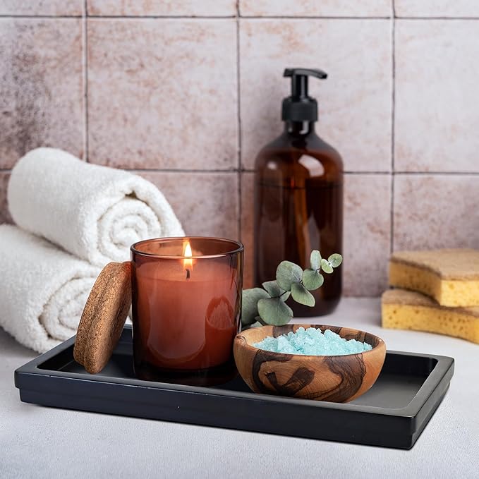 Acacia Wood Decorative Vanity Tray - 11.8 x 5.9 inches Suitable for Countertop Bathroom Sink Dresser Toilet Tank - Modern Decor Tray for Keys Wallets Towels Perfumes Plant Pots (Black)