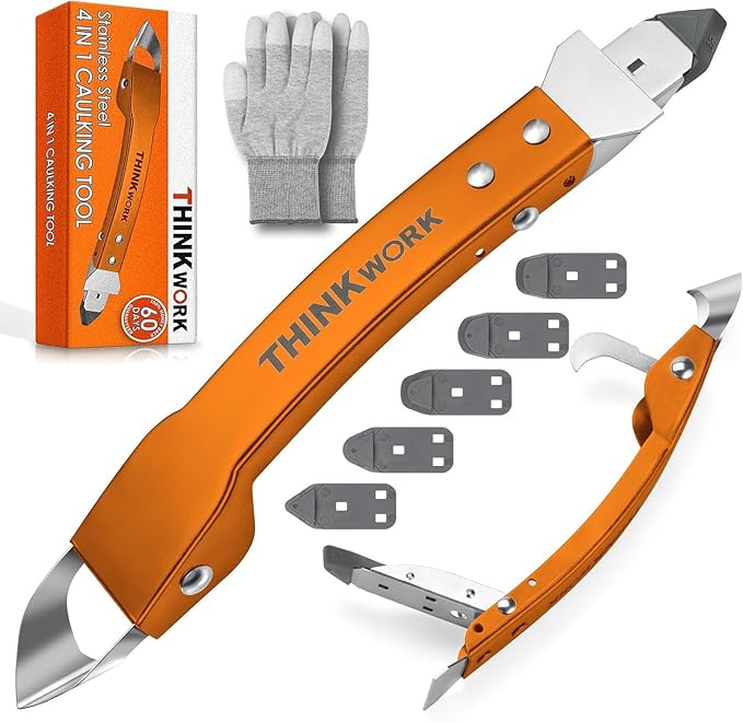 THINKWORK Caulking Tool Kit, 4 in 1 Caulk Remover Tool, Stainless Steel Caulk Tool for Kitchen Bathroom Window Sink Tile Joint, Orange