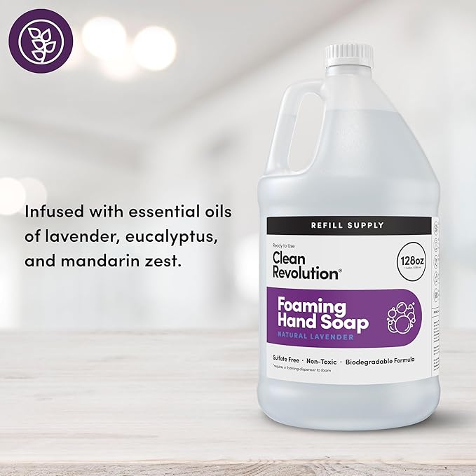 Clean Revolution Foaming Hand Soap Refill Supply Container, Ready to Use Formula, Gluten Free, Natural Lavender Fragrance, 128 Fl. Oz, 4 Pack