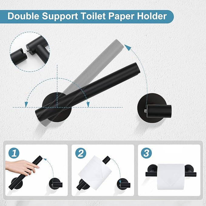 TQKAG 8-Pieces Bathroom Hardware Set Matte Black SUS304 Stainless Steel Bath Towel Bar Set 23.6 Inch Round Bathroom Accessories Kit Wall Mounted
