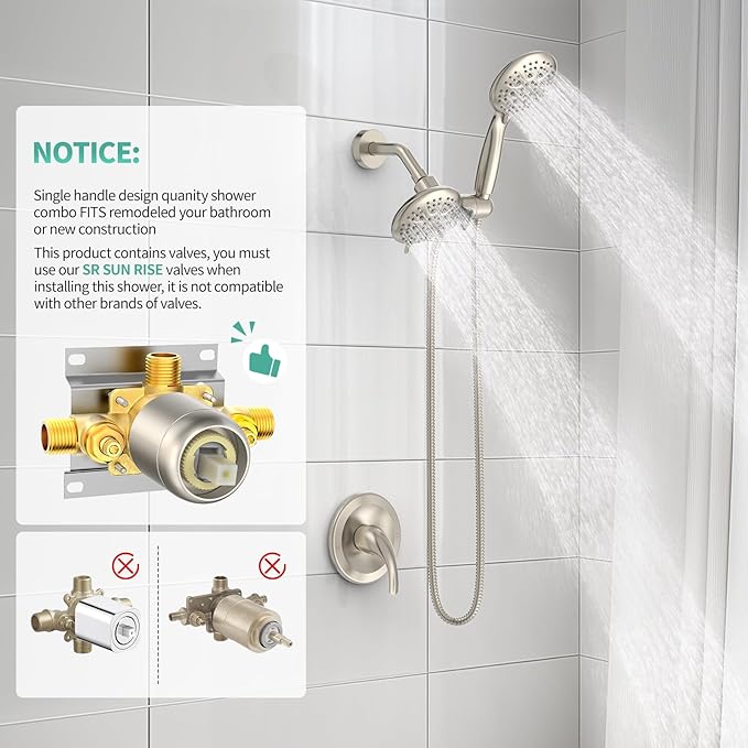 SR SUN RISE Shower System with Handheld Shower and Rain Shower Combo Set High Pressure 5-spray Dual 2 in 1 Shower Faucet Patented 3-way Diverter Brushed Nickel (Valve Include）