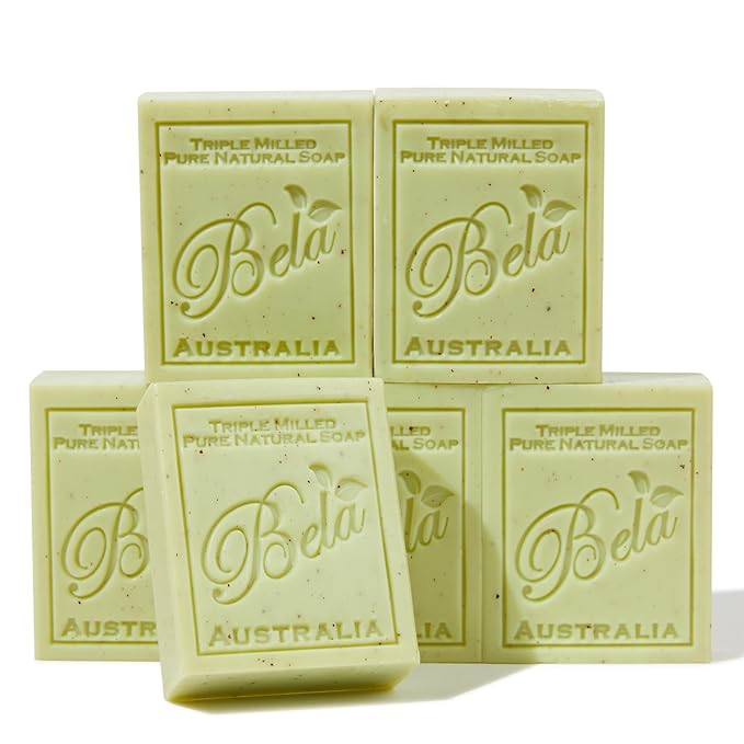 BELA Lemon Myrtle and Lemongrass Soap Bars 3.3 OZ French Triple Milled Bar Soap with Organic Shea Butter Suitable for All Skin Types Long Lasting, Made in Australia, 6 Pack