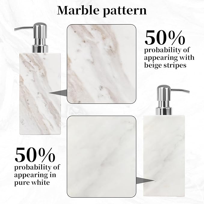 White Marble Soap Dispenser for Bathroom and Kitchen Countertop - Lotion and Liquid Soap Dispenser, 6.7 Ounces Soap Bottle with Pump
