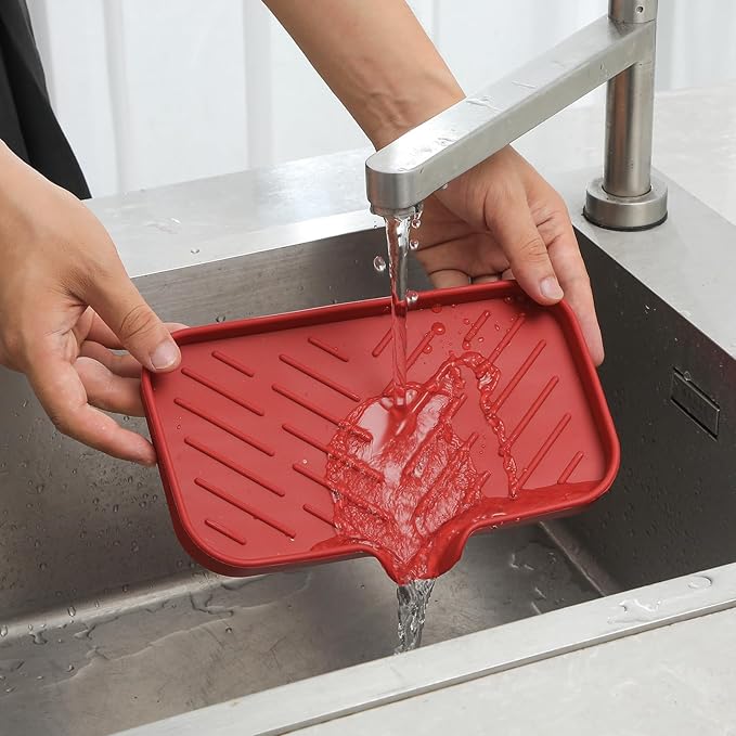 Silicone Bathroom Soap Dishes with Drain Spout-Bathroom and Kitchen Sink Organizer,Sponge Holder,Dish Soap Tray,Perfect for Dispenser,Scrubber,Bottle,Cup on Sink or Counter-Red 9.6"×5.3"