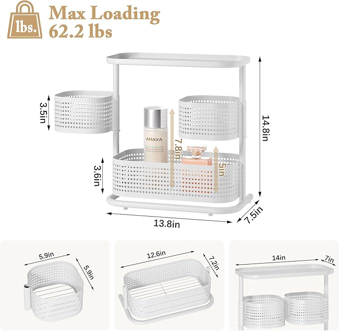 KINGRACK 3-Tier Rotating Bathroom Organizer, Countertop Vanity Tray, Spice Rack Storage, Easy to Assembly Space-Saving Organizer for Bathroom, Kitchen, Laundry Room, White