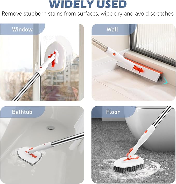 SetSail 4-in-1 Tile Tub Floor Scrubber with 52-inch Adjustable Long Handle Shower Cleaner Brush with V-Shaped Grout Brush and 3 Replacement Brush Heads for Cleaning Bathroom Kitchen Walls Tub Tile