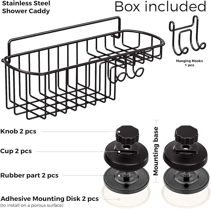 HASKO Shower Caddy Suction Cup, Shower Shelf with Soap Dish and Hooks Organizer, Suction Bathroom Shelf for Storage, Wall Mounted Basket, Black
